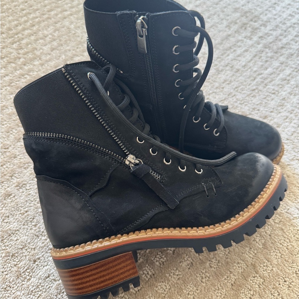 Biza Black Leather Combat Boots Women’s 37 Lace Up Side Zip Ankle
